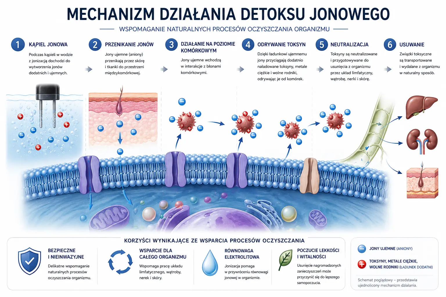 Infografika - jak działa detoks jonowy, mechanizm działania